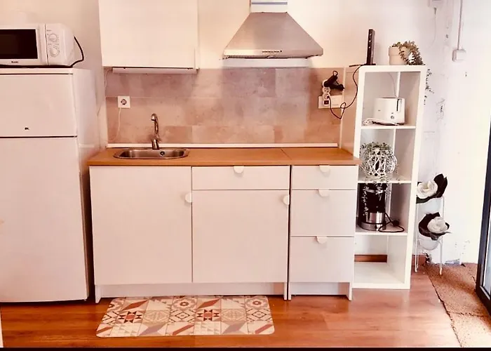 Room With Bathroom, Refrigerator And Microwave